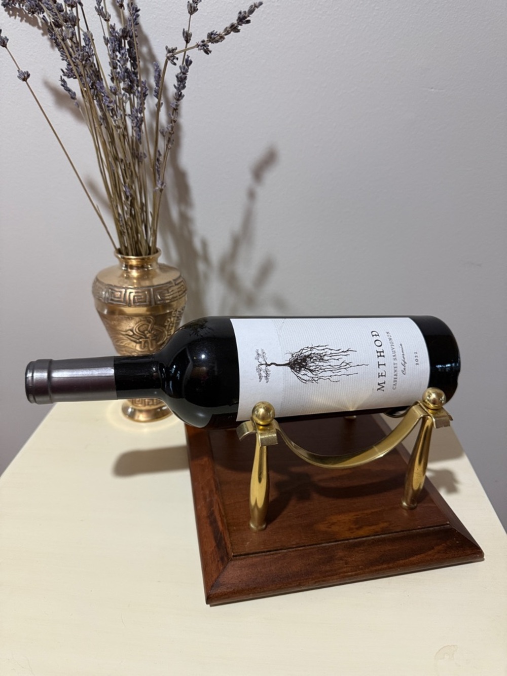 Vintage Brass and Wood Wine Bottle Display Stand - Holder